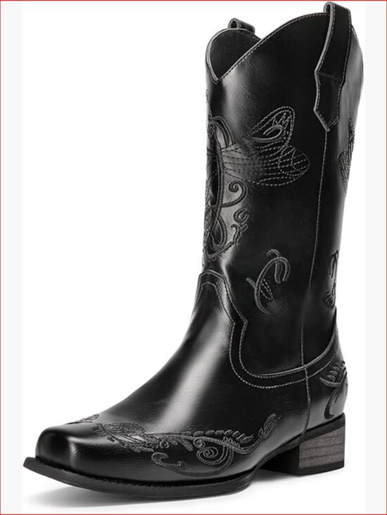 Shoes - Women's Square Toe Cowboy Boots Pull On Low Chunky Heel Mid Calf